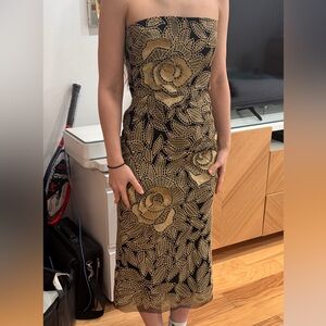 Ramy Brook Black and Gold Strapless Midi Dress formal